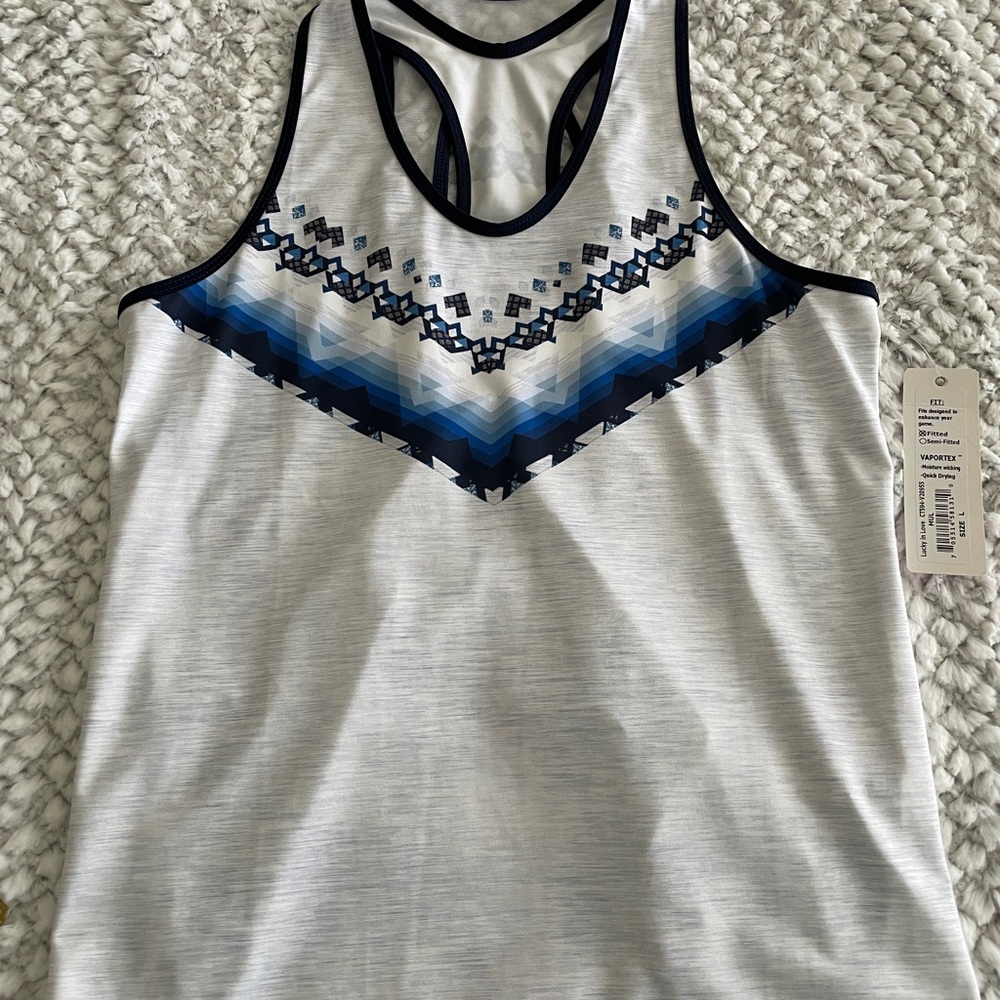 Lucky in Love White Racerback Tank with Blue Chevron Print